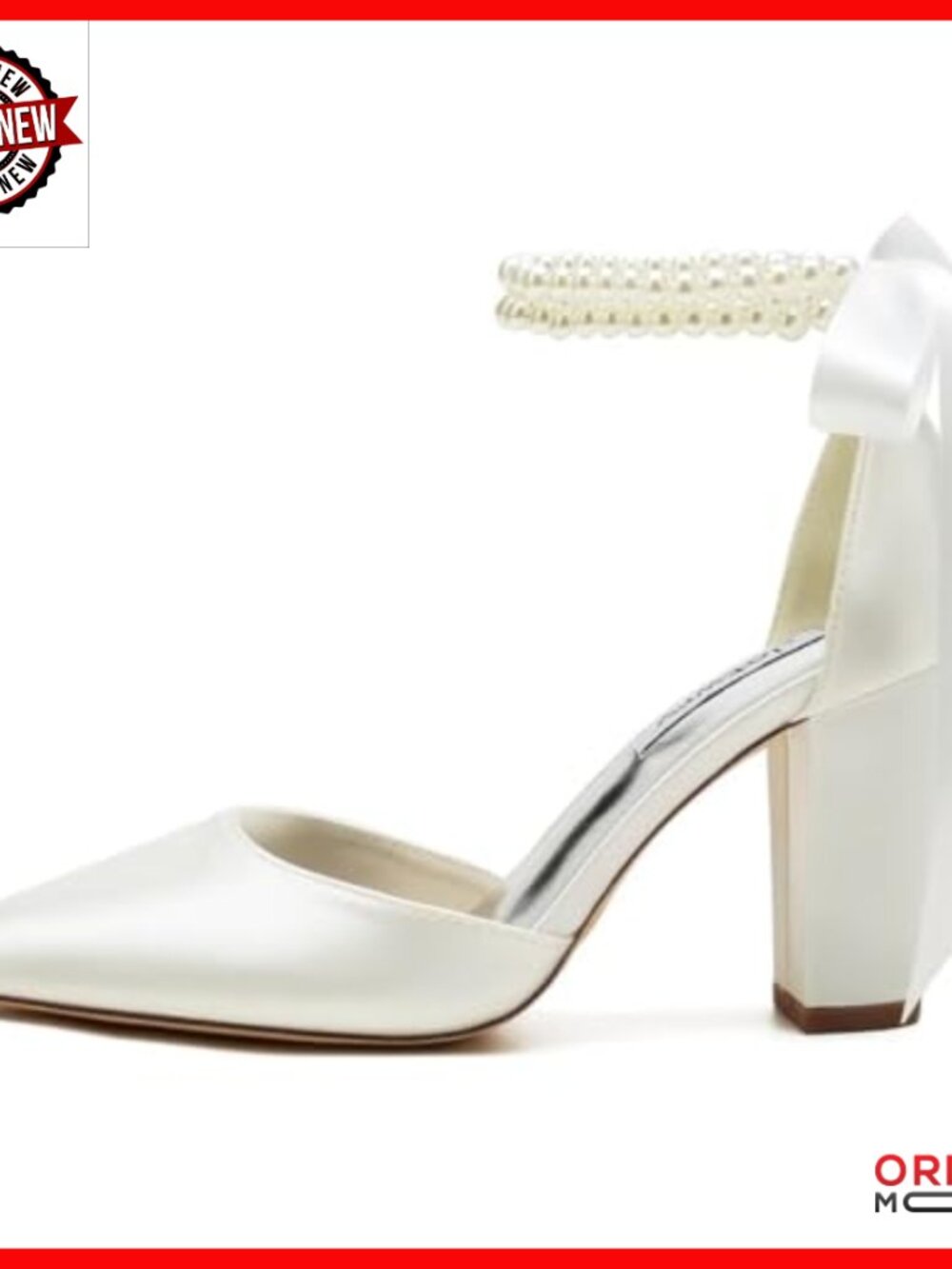 Satin Block Heel Wedding Shoes Pointed Toe Pearl Ankle Strap Heels - Picture 4 of 7
